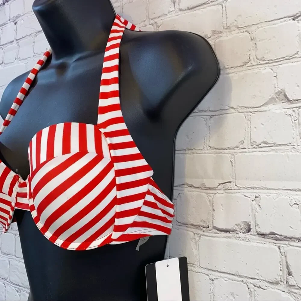 NWT Marilyn‎ Monroe Red & White Striped Push Up Bikini Top
